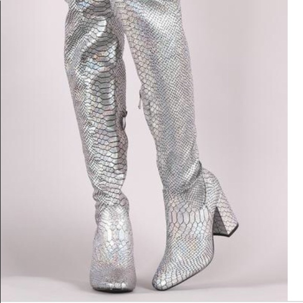 Holographic knee high boots